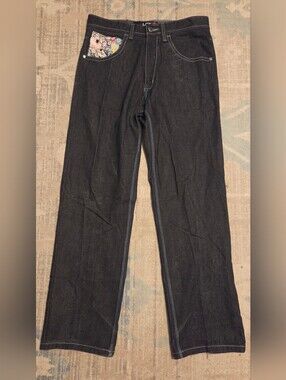 Y2K Lot 29 Luxe Baggy Embroidered Jeans Black Denim. Size 34